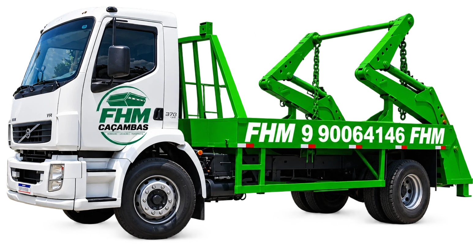 Caminhão branco da FHM Caçambas com equipamento verde para transporte de caçambas estacionárias.