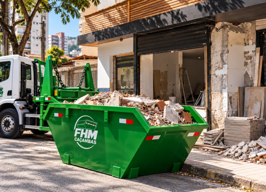 Caçamba estacionária verde em frente a um comércio em reforma em uma rua urbana.