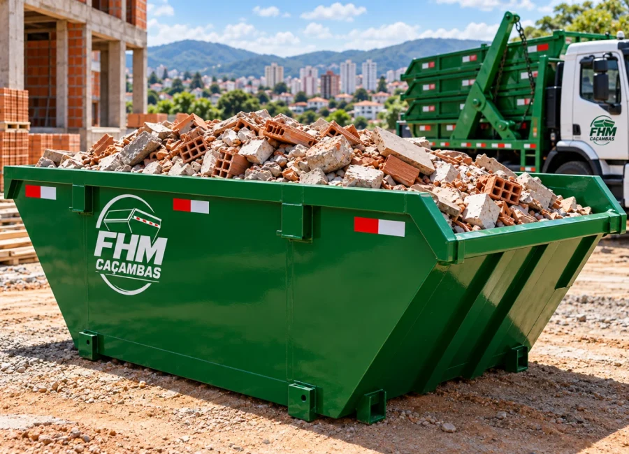 Caçamba verde com entulho de alvenaria em uma obra com tijolos e concreto.