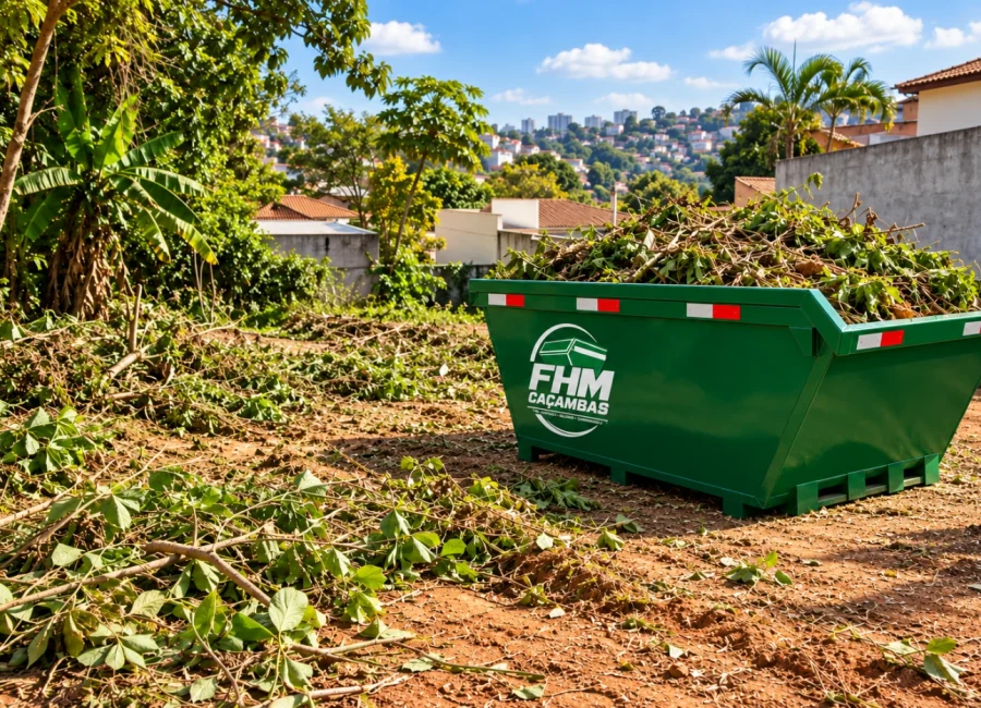 Caçamba estacionária verde em terreno residencial após serviço de limpeza e retirada de vegetação.
