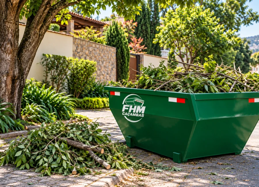 Caçamba estacionária verde com galhos recém-podados em uma área residencial arborizada.