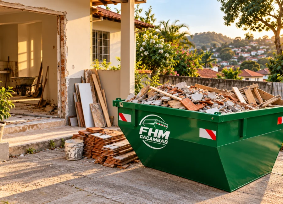Caçamba verde próxima a uma casa em reforma, com entulho de obra reunido no local.